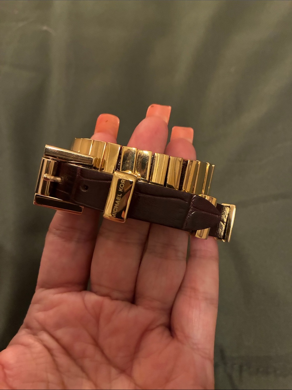 Michael Kors Gold Tone Watch with Dark Brown Leather Accent